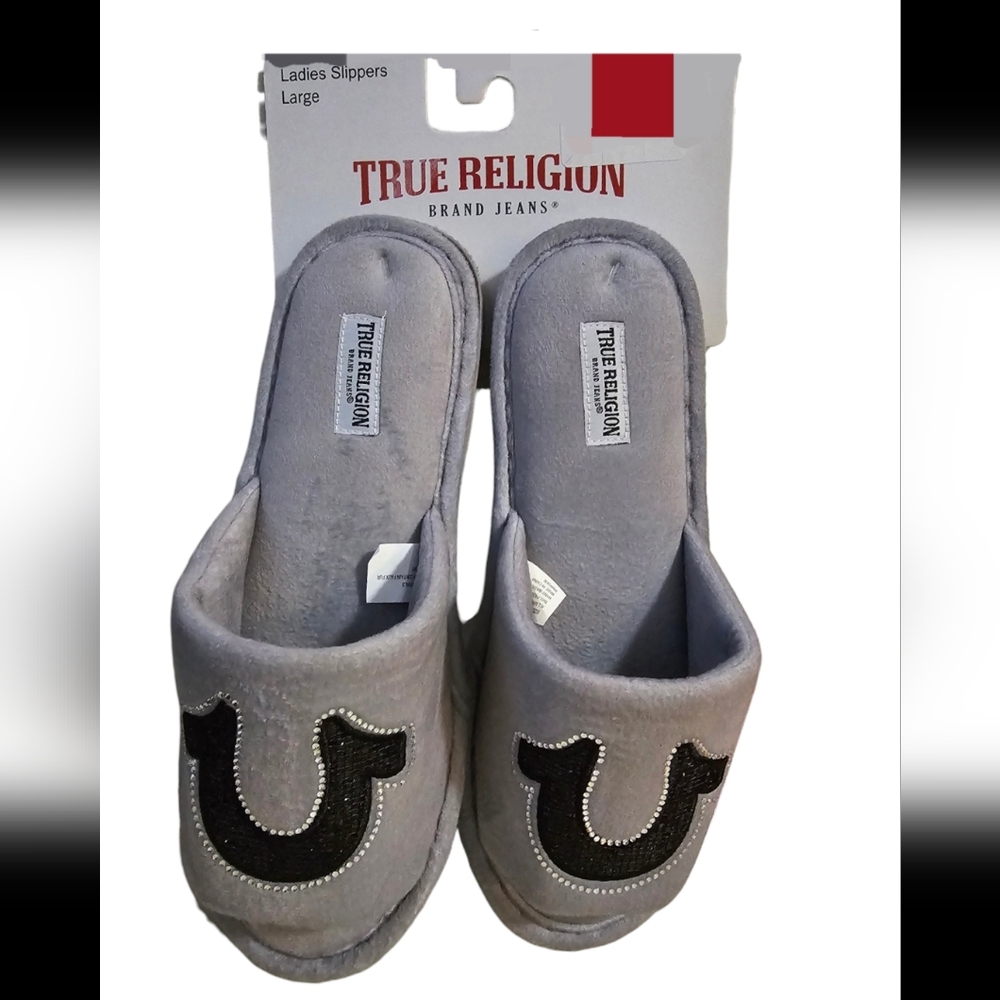 NWT True Religion Black Horse Shoe Bejeweled Logo House Slippers Womens Size 8 9
